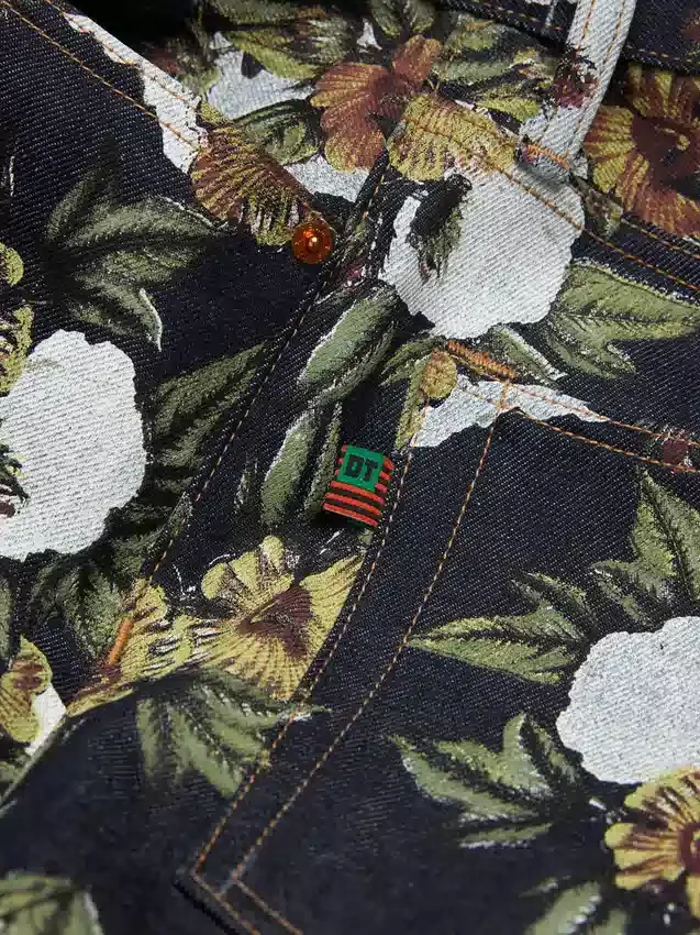 Bol Kesim Çiçek Desenli Selvedge Denim Pantolon