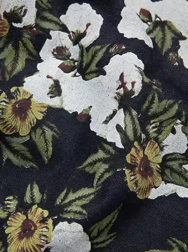 Bol Kesim Çiçek Desenli Selvedge Denim Pantolon