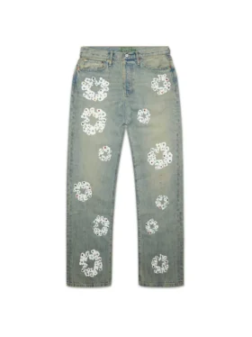 Bol Kesim Çivili Cotton Wreath Desenli Denim Pantolon, Kirli Yıkama