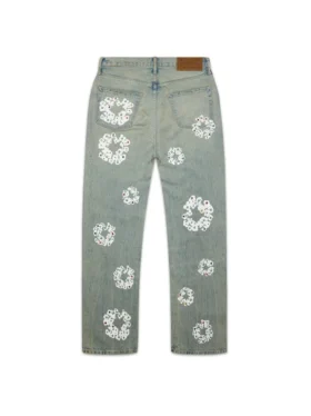 Bol Kesim Çivili Cotton Wreath Desenli Denim Pantolon, Kirli Yıkama