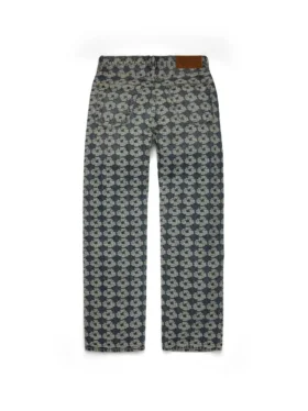 Bol Kesim Jakarlı Çelenk Desenli Denim Pantolon