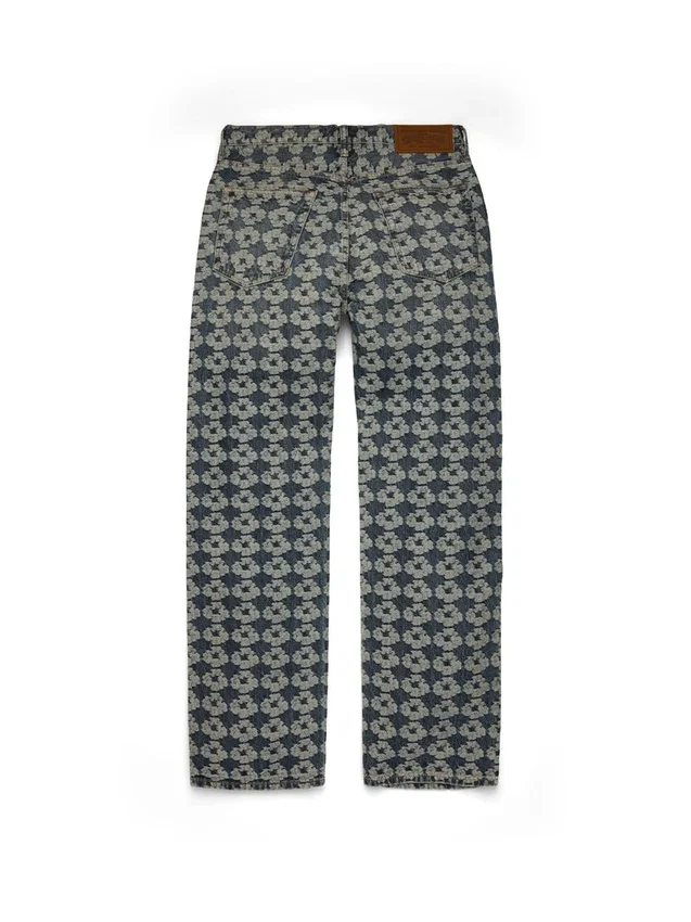 Bol Kesim Jakarlı Çelenk Desenli Denim Pantolon