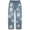 Bol Kesim Pamuklu Cotton Wreath Desenli Denim Pantolon Açık Yıkama