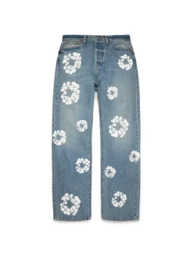 Bol Kesim Pamuklu Cotton Wreath Desenli Denim Pantolon Açık Yıkama