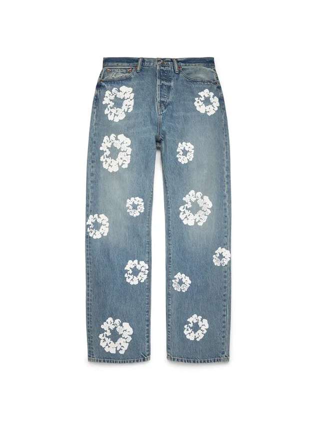 Bol Kesim Pamuklu Cotton Wreath Desenli Denim Pantolon Açık Yıkama