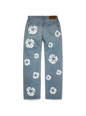Bol Kesim Pamuklu Cotton Wreath Desenli Denim Pantolon Açık Yıkama