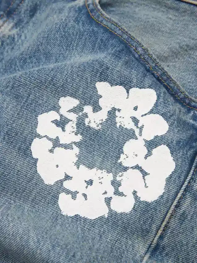 Bol Kesim Pamuklu Cotton Wreath Desenli Denim Pantolon Açık Yıkama
