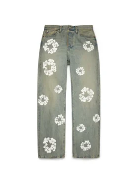 Bol Kesim Pamuklu Cotton Wreath Desenli Denim Pantolon, Kirli Yıkama