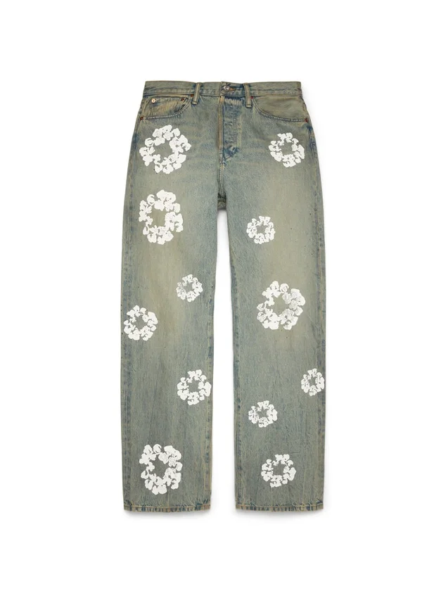 Bol Kesim Pamuklu Cotton Wreath Desenli Denim Pantolon, Kirli Yıkama