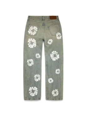 Bol Kesim Pamuklu Cotton Wreath Desenli Denim Pantolon, Kirli Yıkama