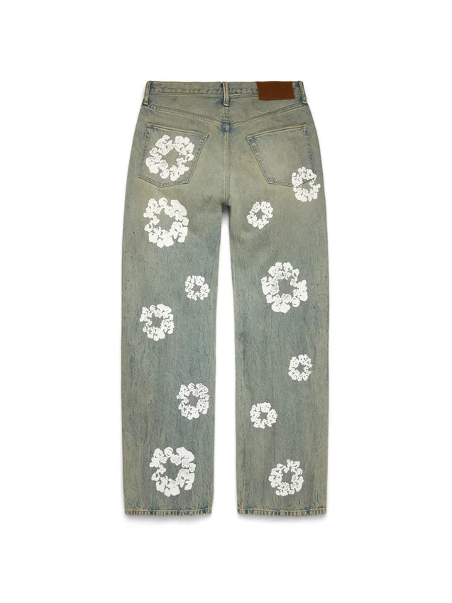Bol Kesim Pamuklu Cotton Wreath Desenli Denim Pantolon, Kirli Yıkama