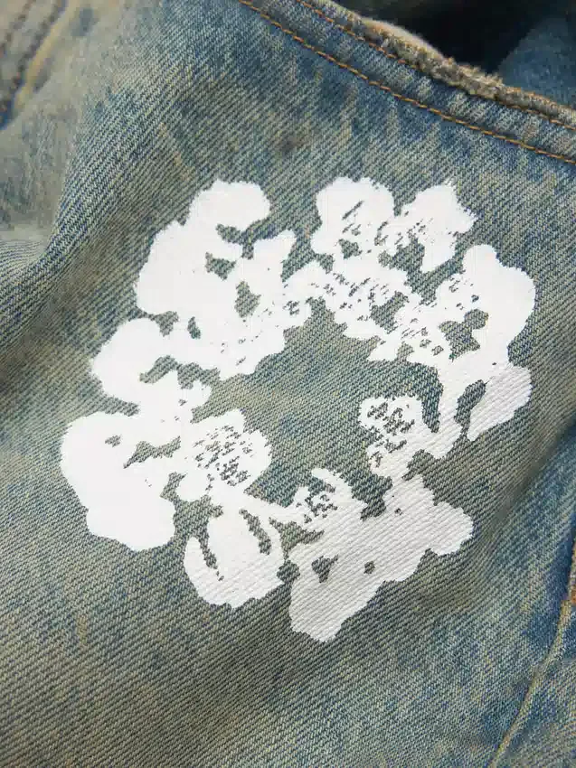 Bol Kesim Pamuklu Cotton Wreath Desenli Denim Pantolon, Kirli Yıkama