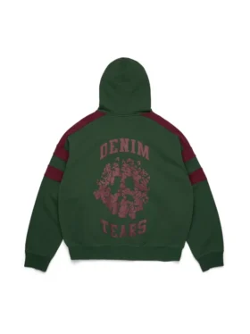 Denim U Panelli Fermuarlı Kapüşonlu Sweatshirt Yeşil