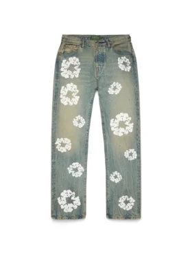 Düz Kesim Cotton Wreath Desenli Denim Pantolon, Kirli Yıkama