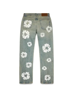 Düz Kesim Cotton Wreath Desenli Denim Pantolon, Kirli Yıkama