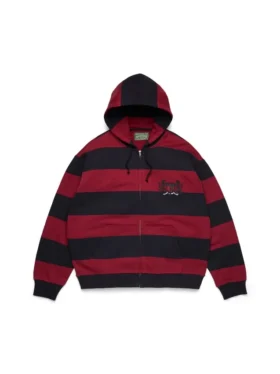 Çizgili Crest Fermuarlı Kapüşonlu Sweatshirt Kırmızı/Lacivert