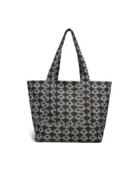 Jakarlı Çelenk Desenli Koyu Yıkanmış Denim Tote Çantalar